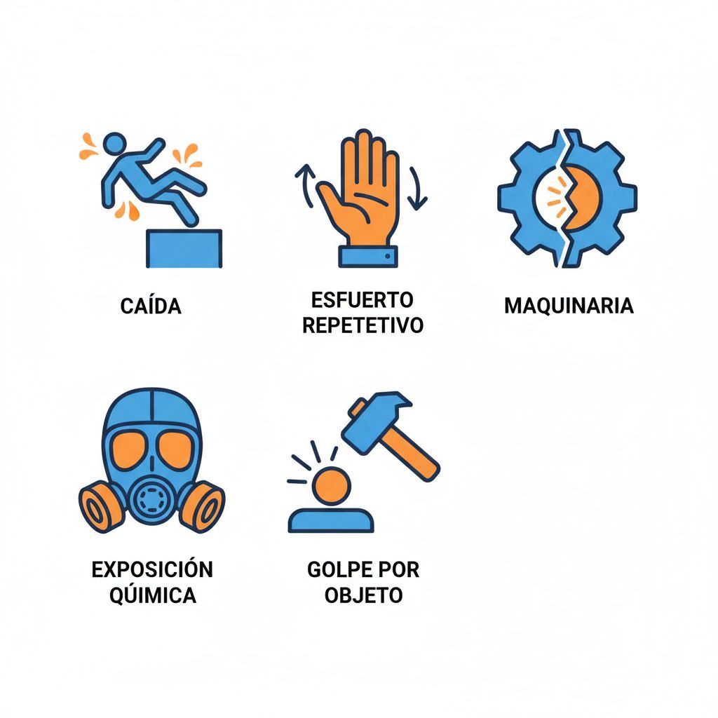 Conjunto de iconos ilustrando tipos comunes de lesiones laborales como cau00eddas, esfuerzo repetitivo, maquinaria defectuosa, exposiciu00f3n quu00edmica y golpes en el trabajo.