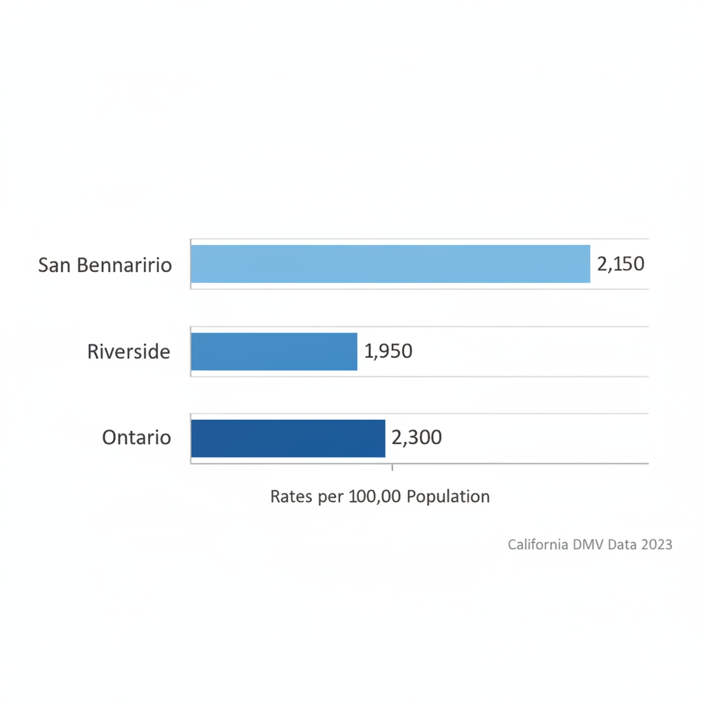 Gráfico de barras horizontal de tasas de accidentes de auto por 100.000 habitantes: San Bernardino 2.150, Riverside 1.950, Ontario 2.300.
