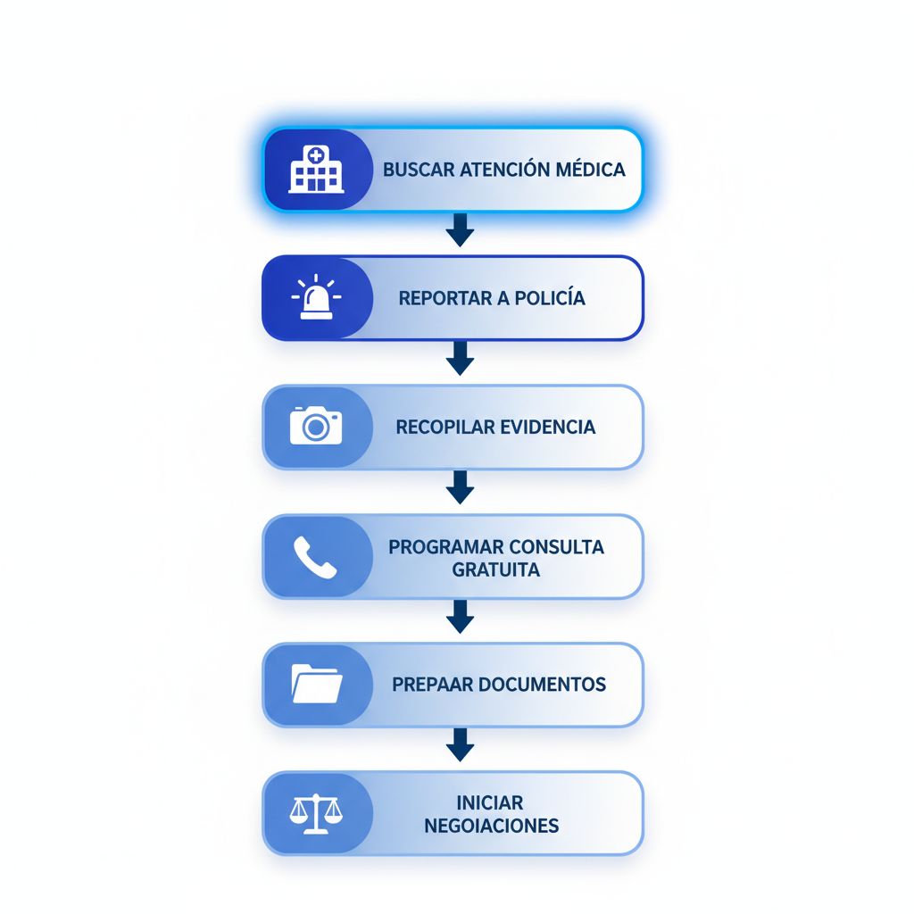Diagrama de flujo vertical con seis etapas ilustradas para iniciar un proceso legal de reclamo por accidente, incluyendo íconos de hospital, sirena, cámara, teléfono, carpeta y balanza.