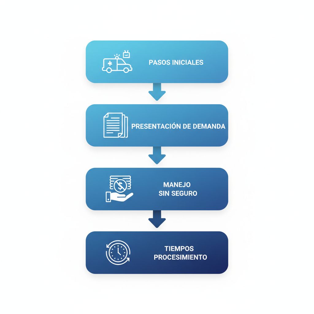 Flujo de proceso vertical ilustrando cuatro etapas del procedimiento legal para accidentes en San Bernardino, con iconos representativos y gradientes azules.