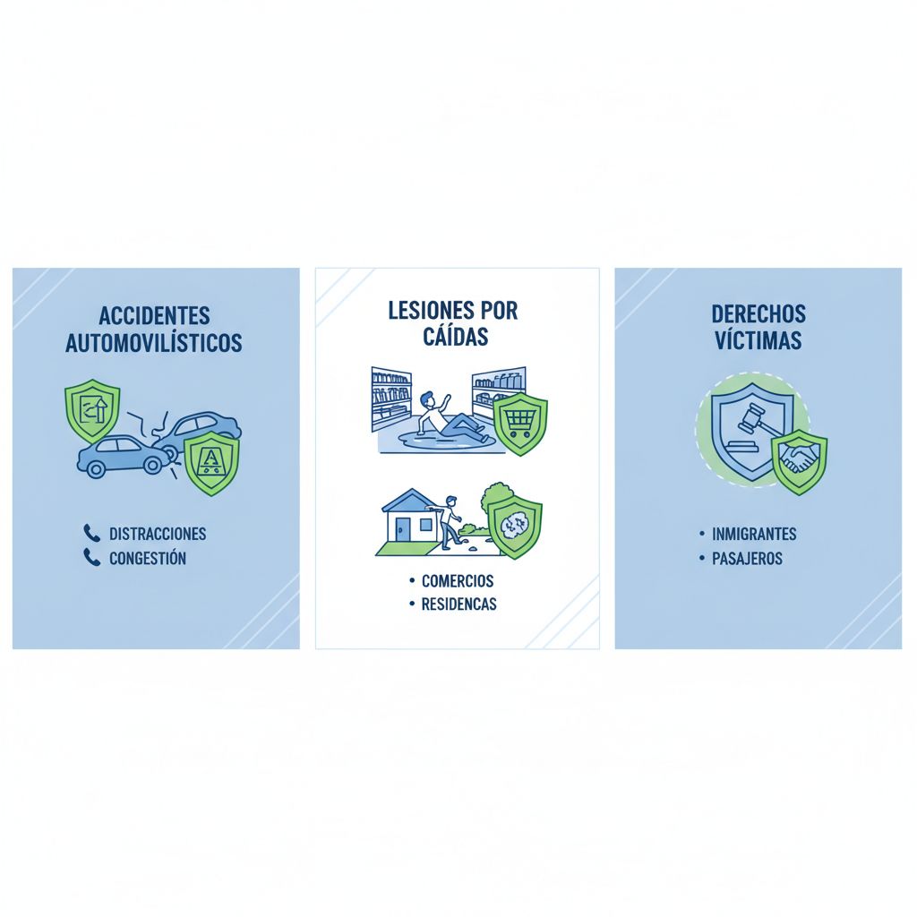 Infografía ilustrativa de tipos comunes de accidentes y lesiones en San Bernardino, incluyendo automovilísticos, caídas y derechos de víctimas.